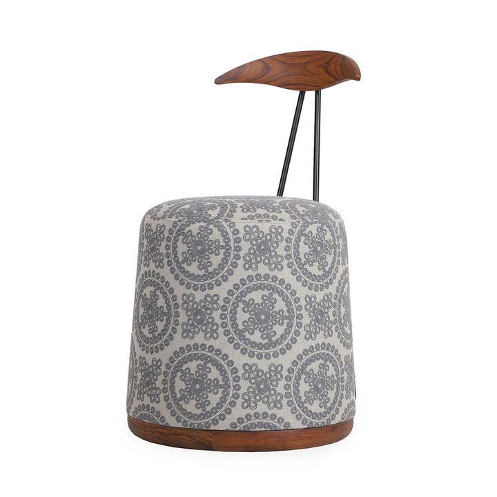 Credu - Teakwood Pouffe cum Chair With Grey Fabric