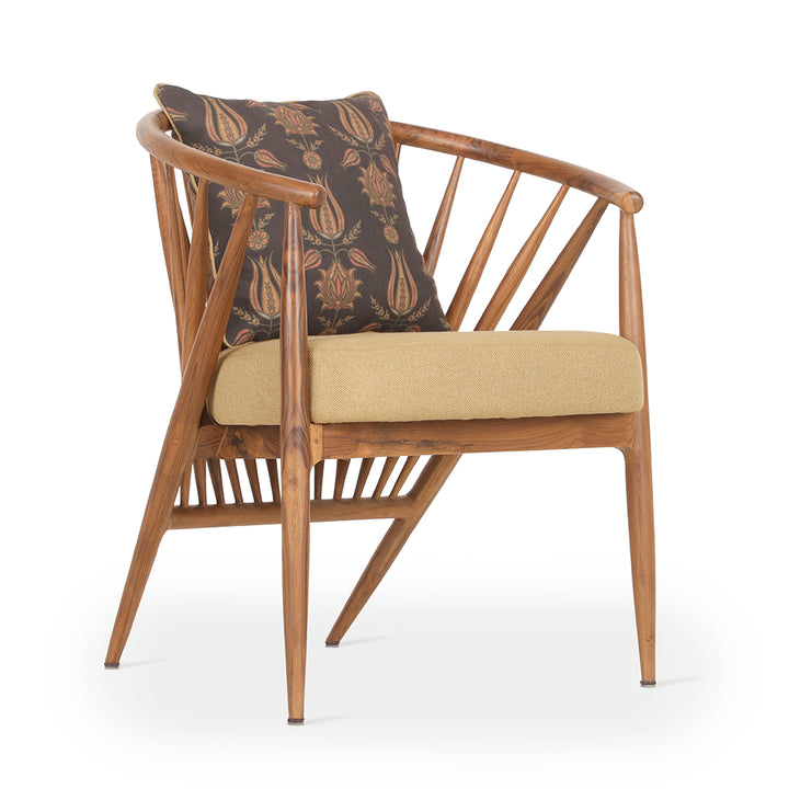 Hloma - Teakwood Dining Chair With Green, Printed Fabric