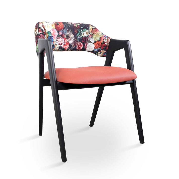 Ikkita - Solidwood Dining Chair with Leatherette, Flower Printed Fabric