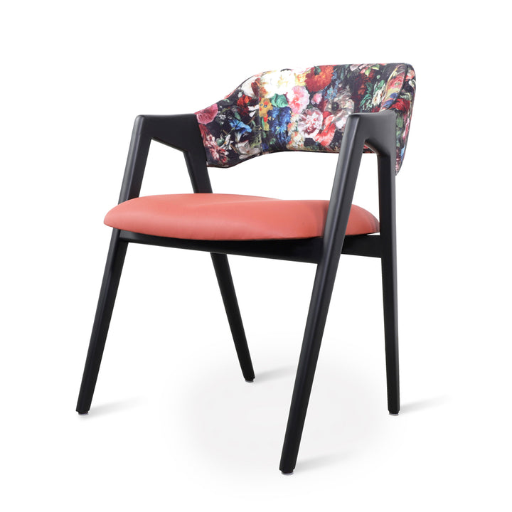 Ikkita - Solidwood Dining Chair with Leatherette, Flower Printed Fabric