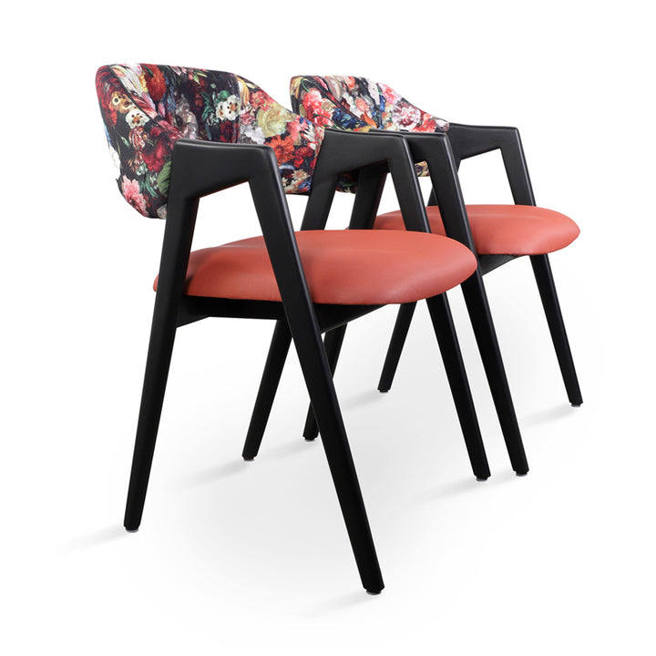 Ikkita - Solidwood Dining Chair with Leatherette, Flower Printed Fabric