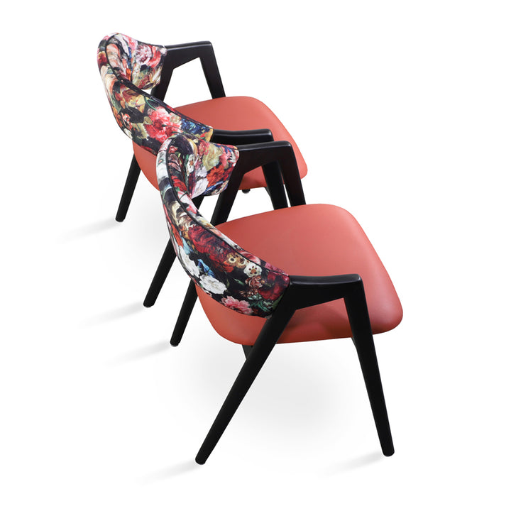 Ikkita - Solidwood Dining Chair with Leatherette, Flower Printed Fabric