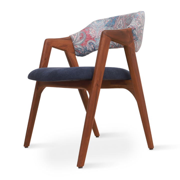Ikkita - Teakwood Dining Chair with Blue, Printed Fabric