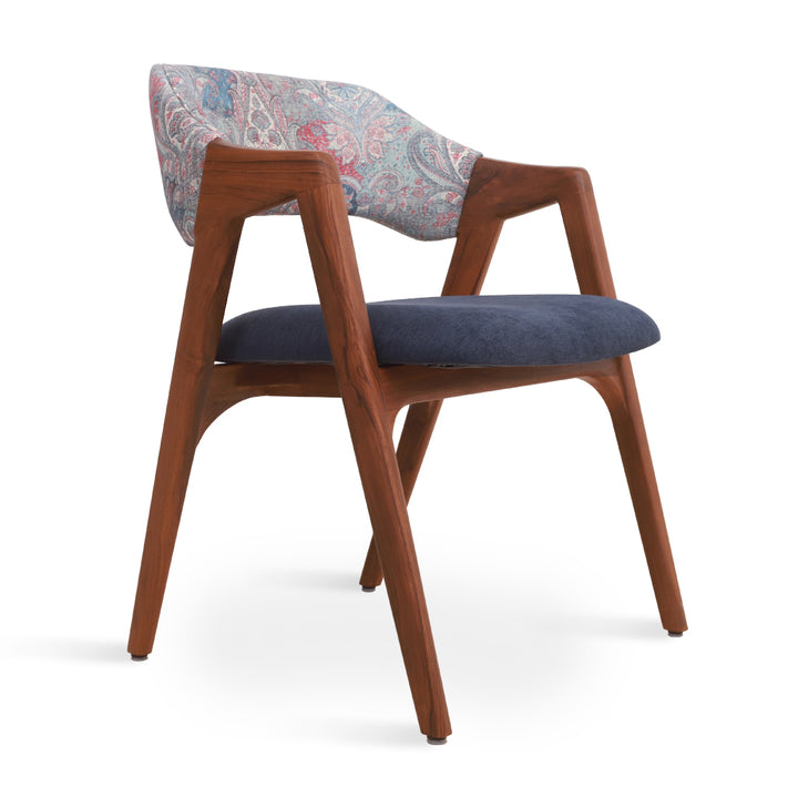 Ikkita - Teakwood Dining Chair with Blue, Printed Fabric