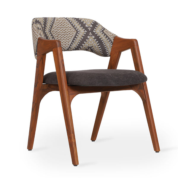 Ikkita - Teakwood Dining Chair with Charcoal Black, Printed Fabric
