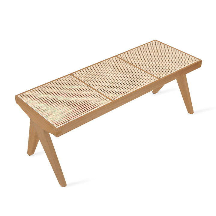 Jeanneret Solidwood Bench with White Rattan