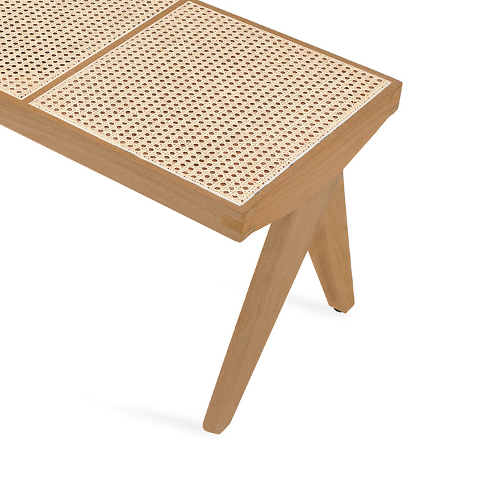 Jeanneret Solidwood Bench with White Rattan
