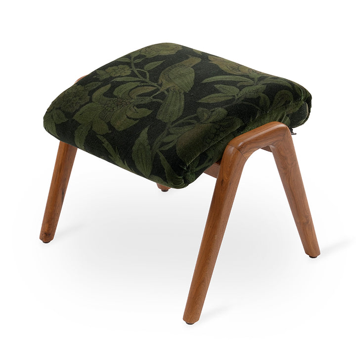 Piko - Teakwood Footstool With Black, Green Printed Fabric