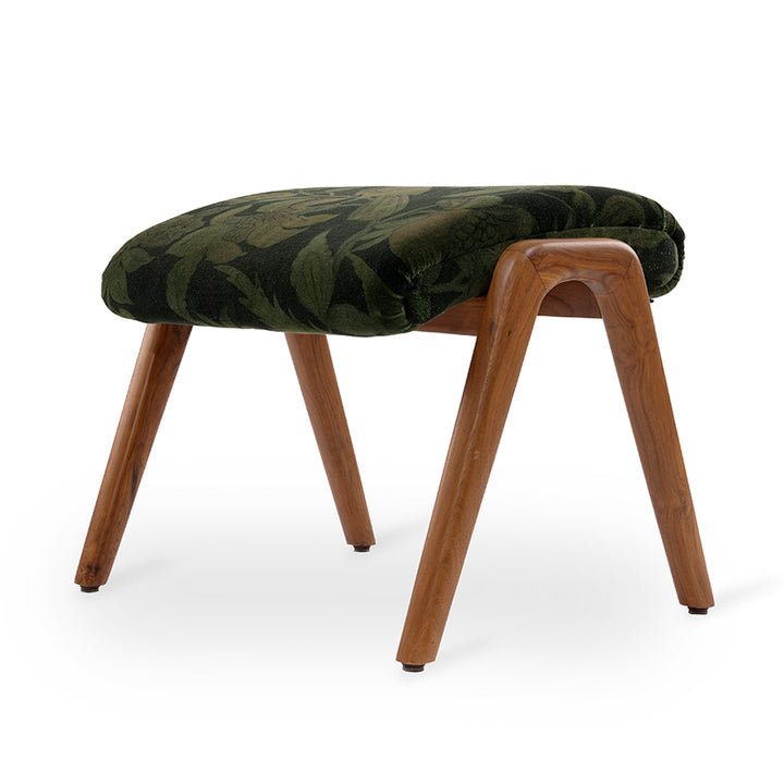 Piko - Teakwood Footstool With Black, Green Printed Fabric