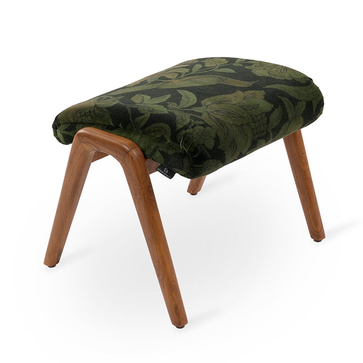 Piko - Teakwood Footstool With Black, Green Printed Fabric
