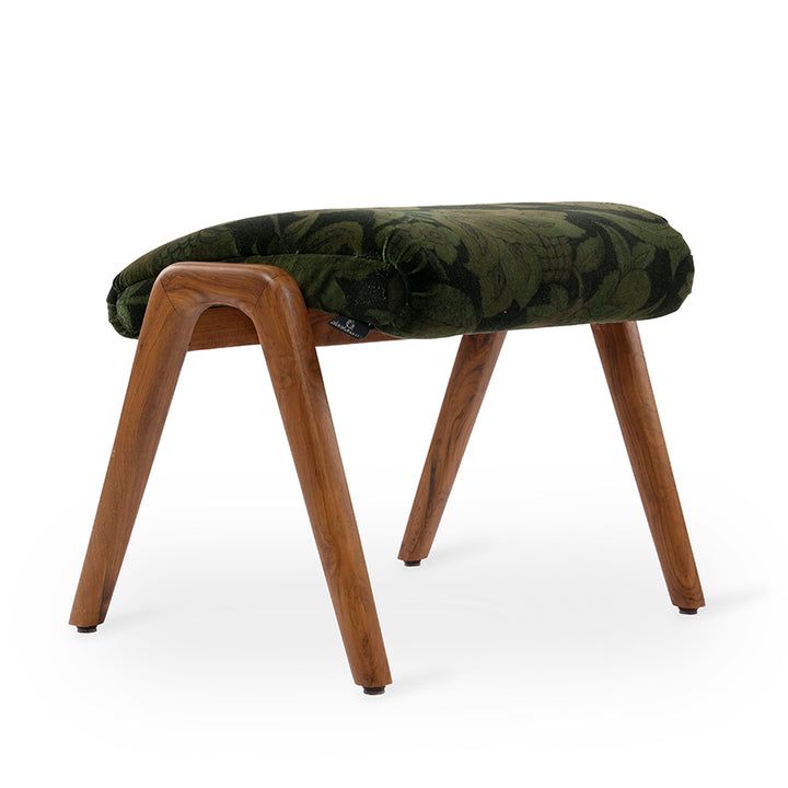 Piko - Teakwood Footstool With Black, Green Printed Fabric