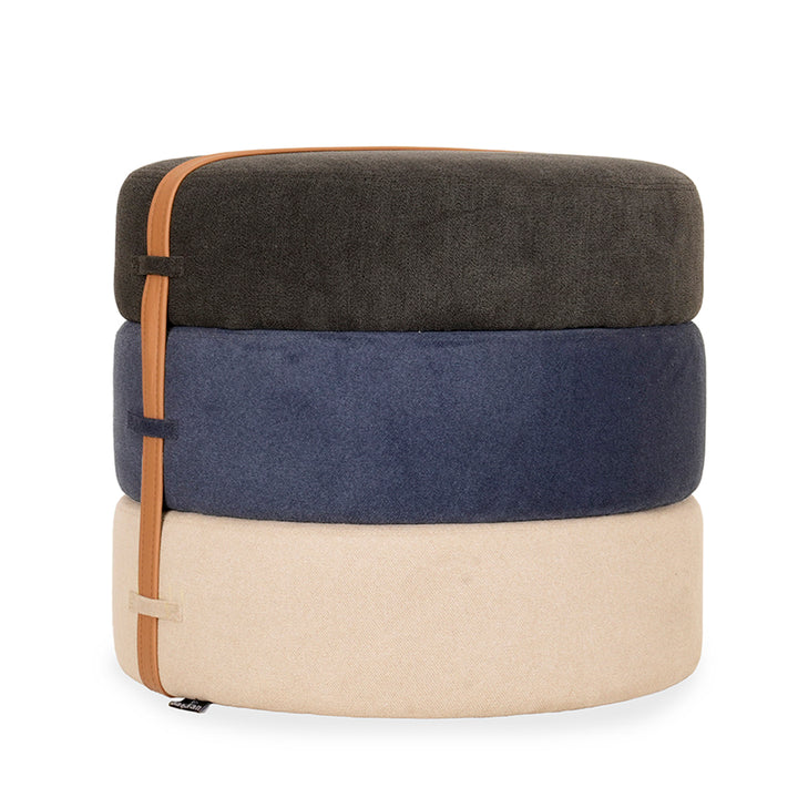 Pouffe - Round Ottoman with Cream, Blue, Black Fabric
