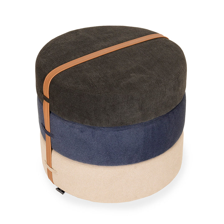 Pouffe - Round Ottoman with Cream, Blue, Black Fabric