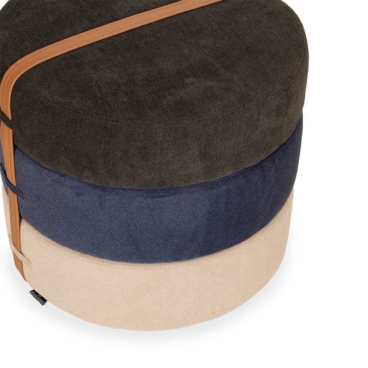 Pouffe - Round Ottoman with Cream, Blue, Black Fabric