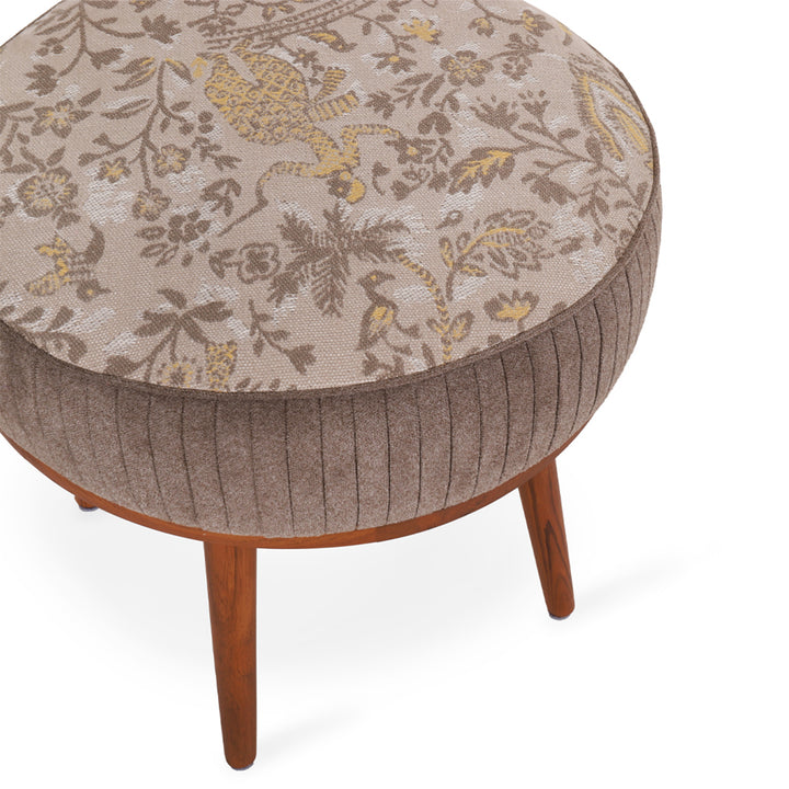 Zoya - Teakwood Round Ottoman with Dust Palette Fabric