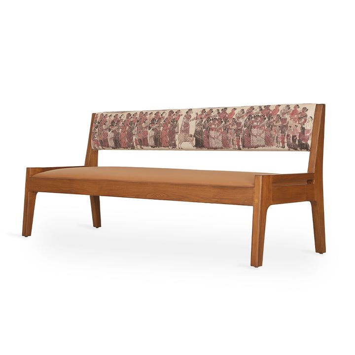 Akari - Teakwood Sofa With Tan Leather, Red Printed Fabric