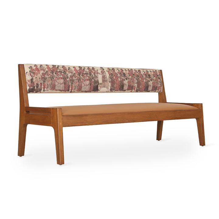 Akari - Teakwood Sofa With Tan Leather, Red Printed Fabric