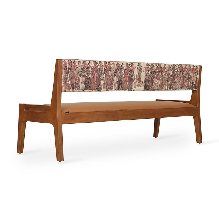 Akari - Teakwood Sofa With Tan Leather, Red Printed Fabric