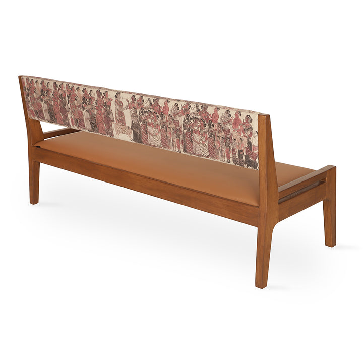 Akari - Teakwood Sofa With Tan Leather, Red Printed Fabric