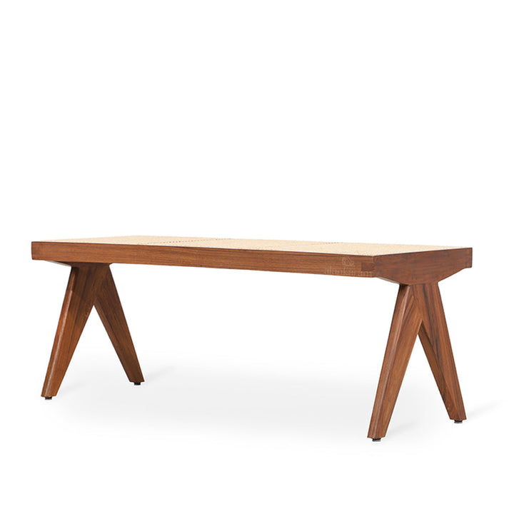 Jeanneret Teakwood Bench with White Rattan