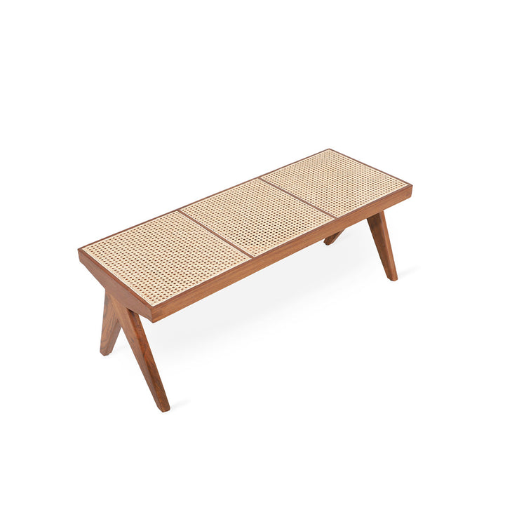 Jeanneret Teakwood Bench with White Rattan