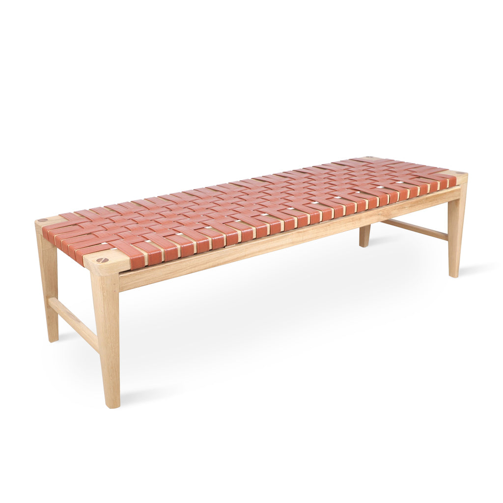 Paski Solidwood Bench with Tan Leatherette Straps | Alankaram