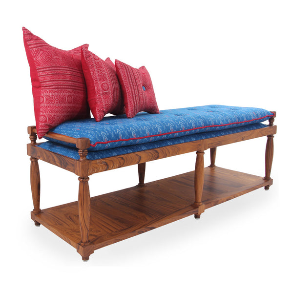 Penkki Teakwood Bench with Blue Printed Fabric