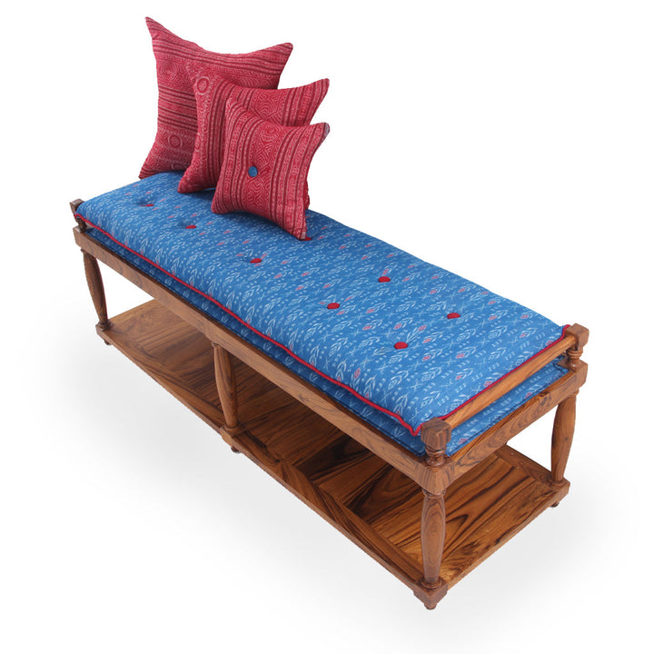 Penkki Teakwood Bench with Blue Printed Fabric