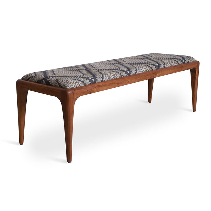 Sira - Teakwood Bench with Black Geometrical Print Fabric