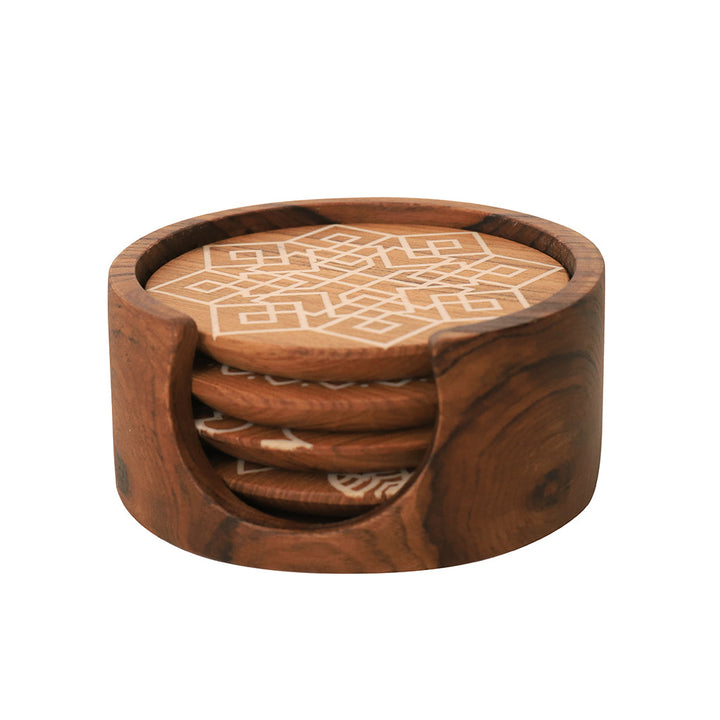 Kizak Round Shaped Teakwood Tea Coaster with Art Work