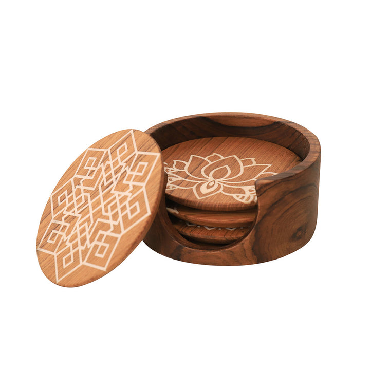 Kizak Round Shaped Teakwood Tea Coaster with Art Work