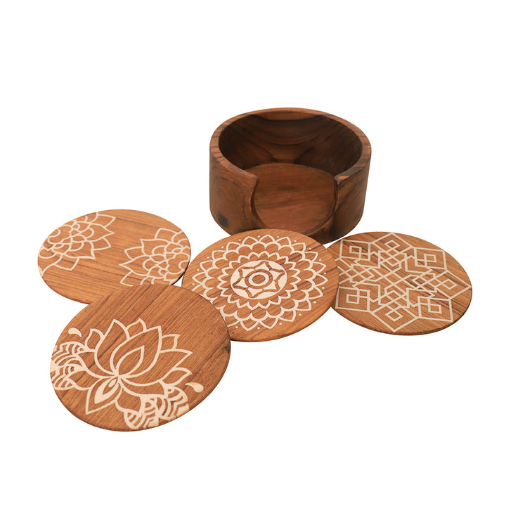 Kizak Round Shaped Teakwood Tea Coaster with Art Work