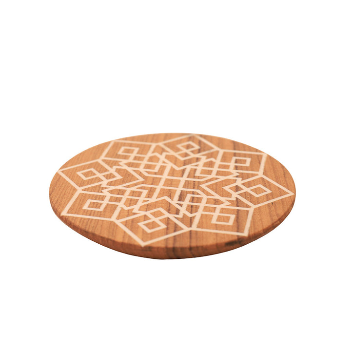 Kizak Round Shaped Teakwood Tea Coaster with Art Work