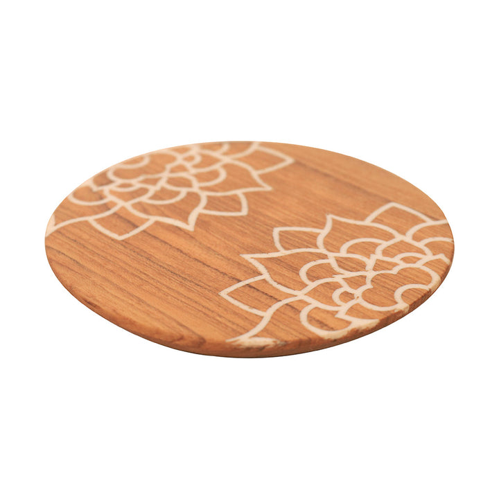 Kizak Round Shaped Teakwood Tea Coaster with Art Work