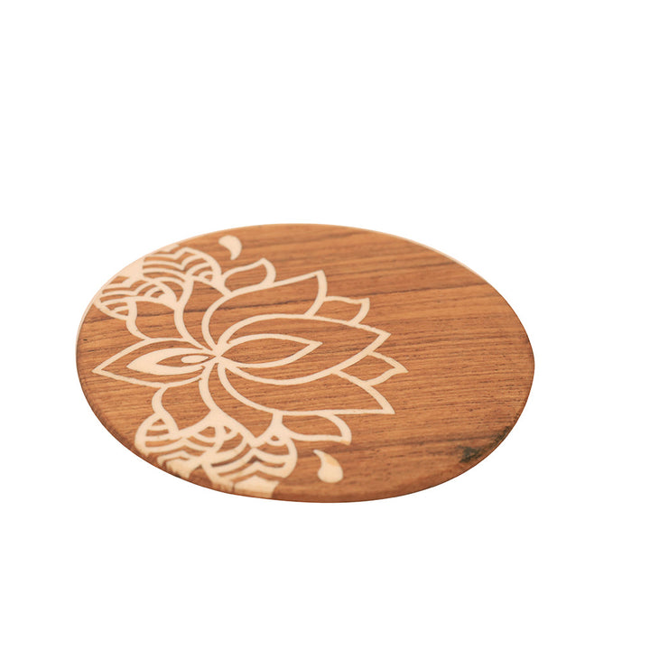Kizak Round Shaped Teakwood Tea Coaster with Art Work