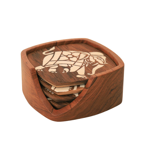 Kizak Square Shaped Teakwood Tea Coaster with Art Work