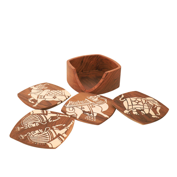 Kizak Square Shaped Teakwood Tea Coaster with Art Work