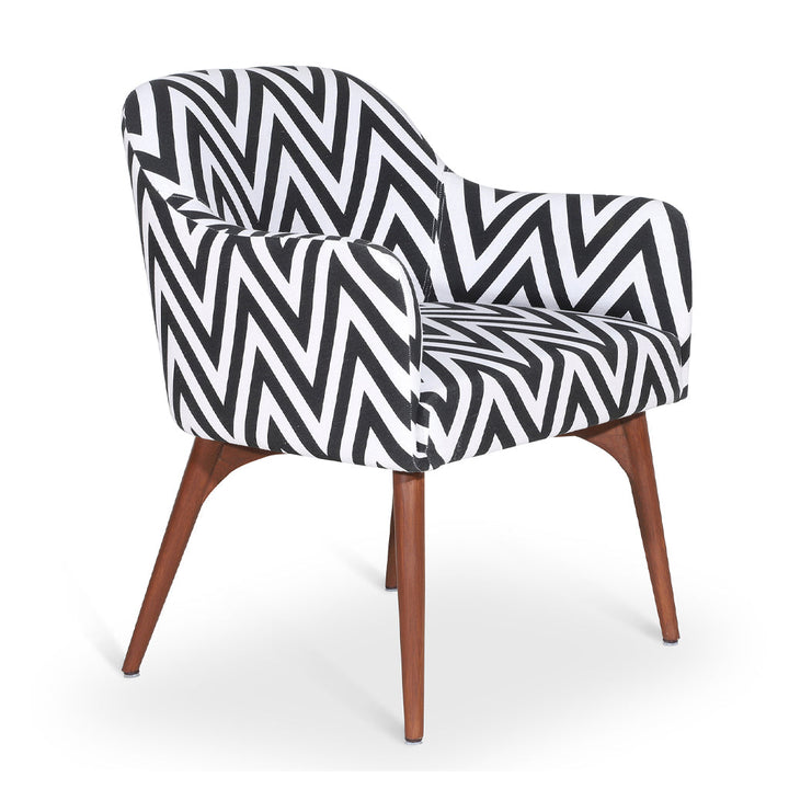 Aavaha - Teak Legs Dining Chair, Black White Printed Fabric, Dining & Study Chairs - Alankaram