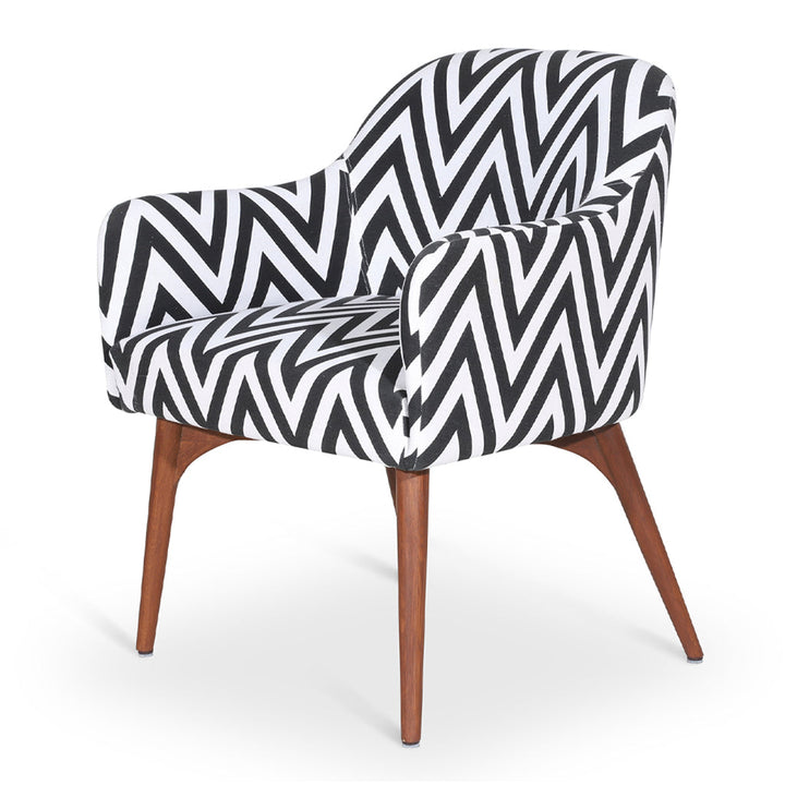 Aavaha - Teak Legs Dining Chair, Black White Printed Fabric, Dining & Study Chairs - Alankaram