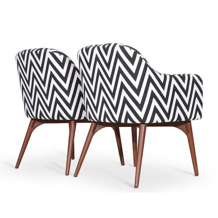 Aavaha - Teak Legs Dining Chair, Black White Printed Fabric, Dining & Study Chairs - Alankaram