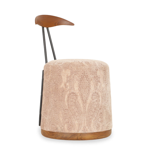 Credu - Teakwood Pouffe cum Chair with Peach Color Fabric