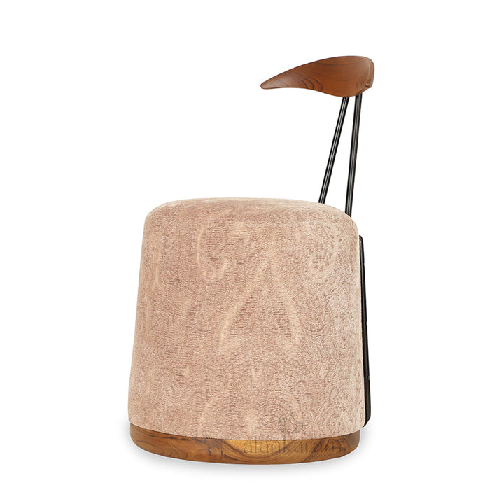 Credu - Teakwood Pouffe cum Chair with Peach Color Fabric