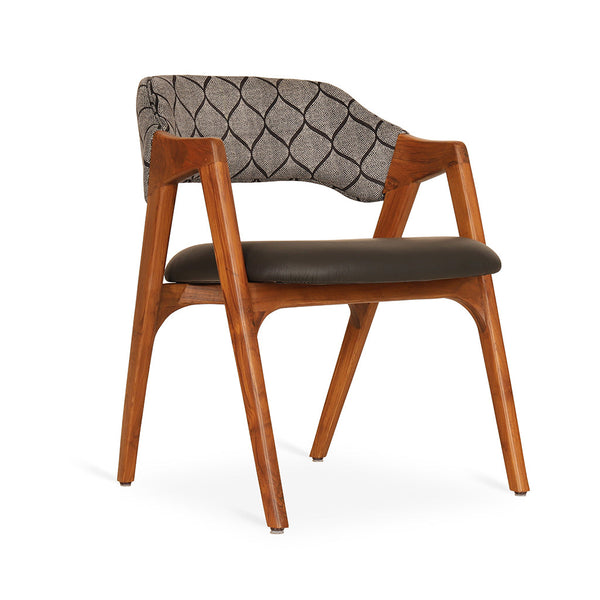 Ikkita - Teak Dining Chair, Grey Printed Fabric & Black Leather