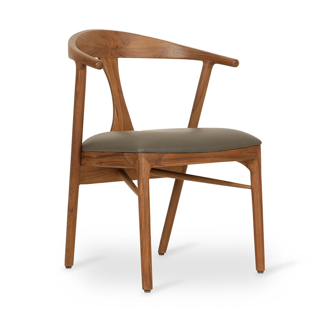 Ploot - Teak Dining Chair, Upholstered Seat, Grey Leathered | Alankaram