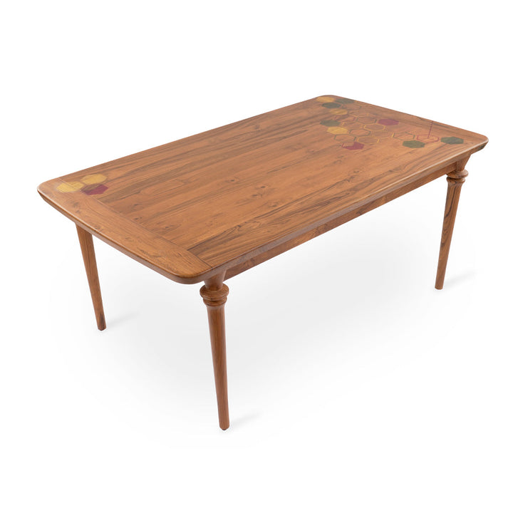 Piki Teakwood Dining Table with Hexagonal Artwork
