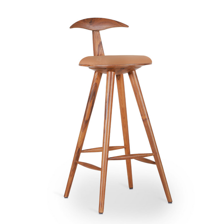 Udita - Teak High Chair, Upholstered Seat, Tan Leatherette, High Chairs - Alankaram