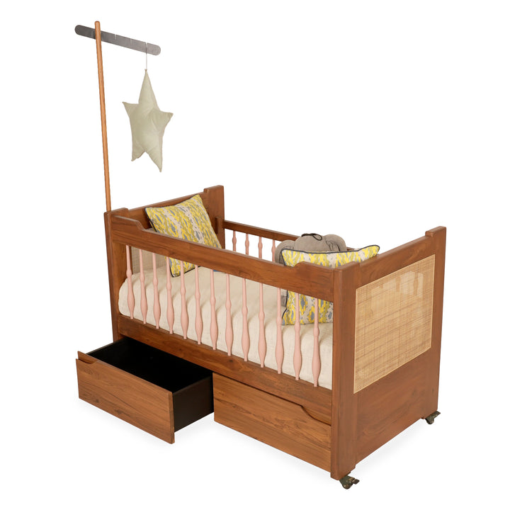 Pepe - Teakwood Cradle / Crib with White Fabric
