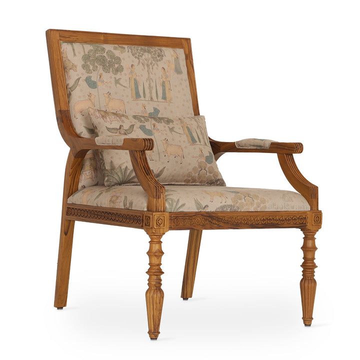 Masani Teakwood Lounge Chair with Beige Printed Fabric