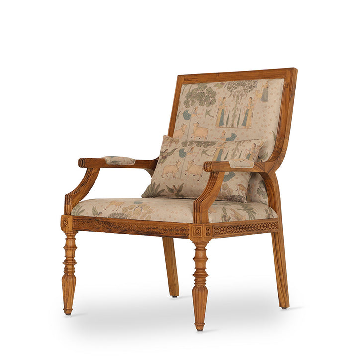Masani Teakwood Lounge Chair with Beige Printed Fabric