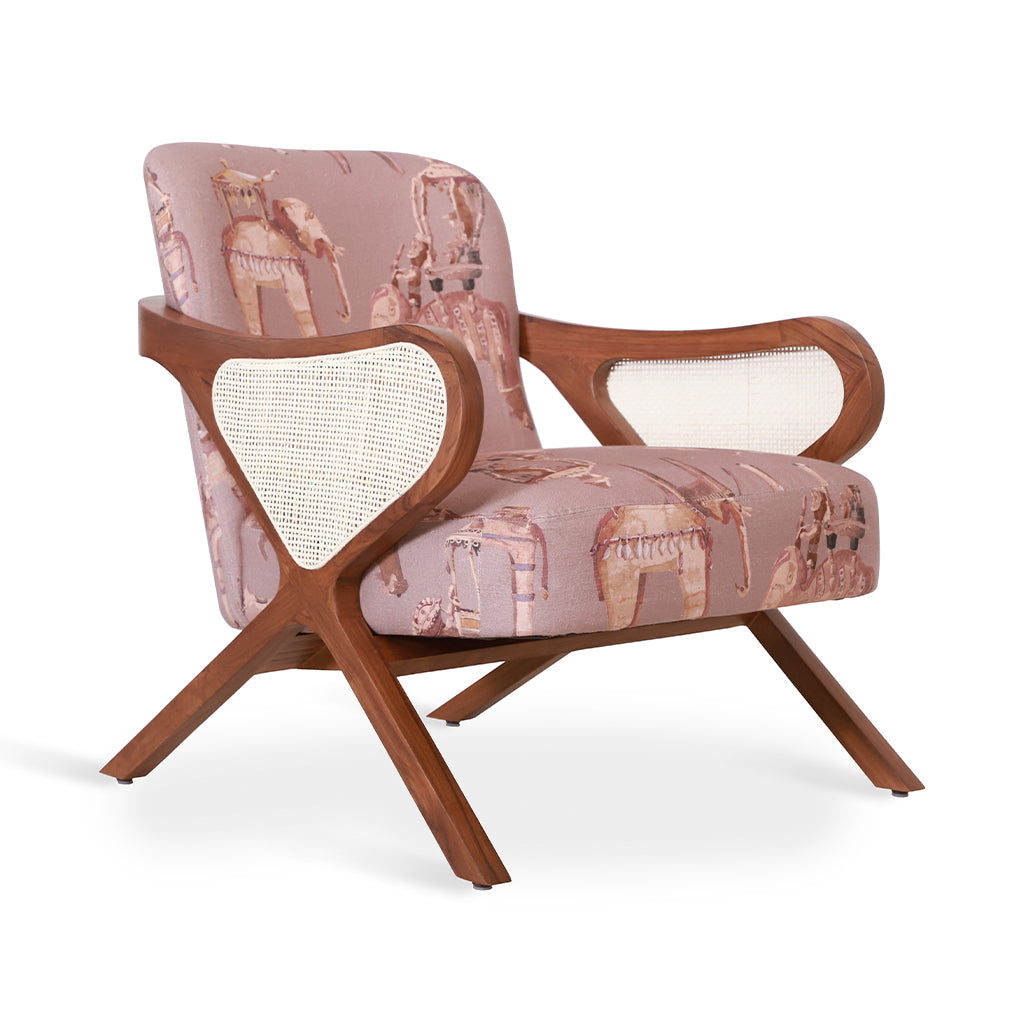 Patahi -Teak Lounge Chair, rattan Armrest, Pink Printed Fabric | Alankaram